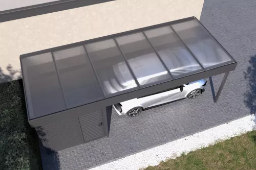 Anlehncarport STUK mit Geräteraum und Polycarbonat-Stegplattendach