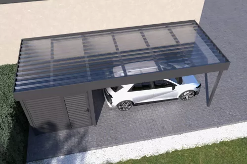 Anlehncarport STUK mit Geräteraum und Polycarbonat-Trapezplattendach