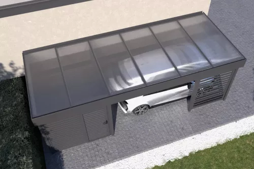 Anlehncarport STUK mit Geräteraum und Wänden mit Polycarbonat-Stegplattendach