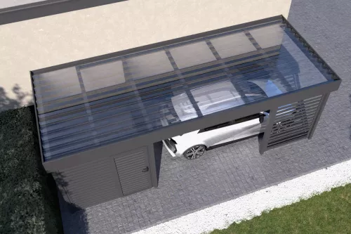 Anlehncarport STUK mit Geräteraum und Wänden mit Polycarbonat-Trapezplattendach