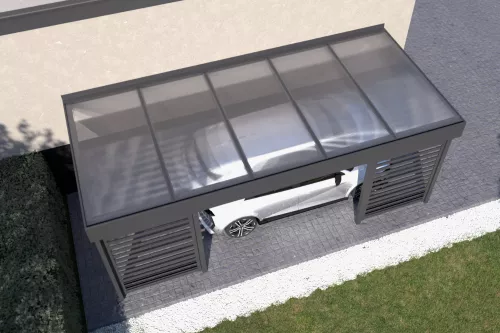 Anlehncarport STUK mit Sichtschutz und Polycarbonat-Stegplattendach