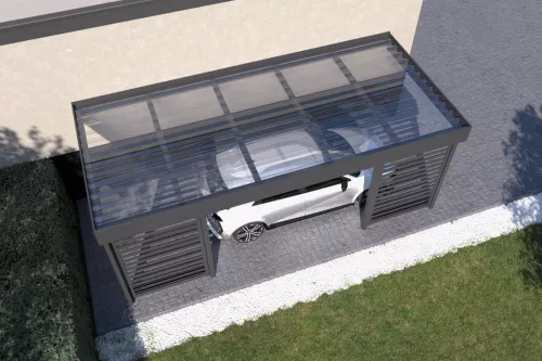 Anlehncarport STUK mit Sichtschutz und Polycarbonat-Trapezplattendach