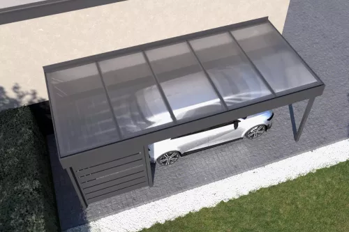 Anlehncarport STUK mit Wandverkleidung und Polycarbonat-Stegplattendach 