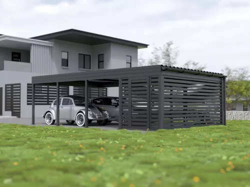 Doppelcarport STUK mit Abstellraum Fahrräder