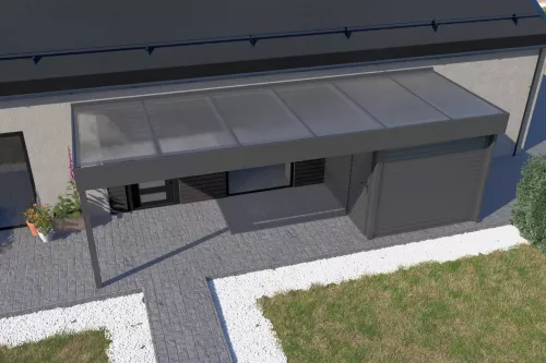 Eingangsüberdachung STUK mit Geräteraum und Polycarbonat-Stegplattendach