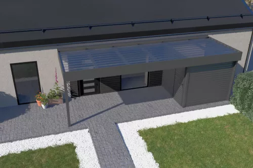 Eingangsüberdachung STUK mit Geräteraum und Polycarbonat-Trapezplattendach