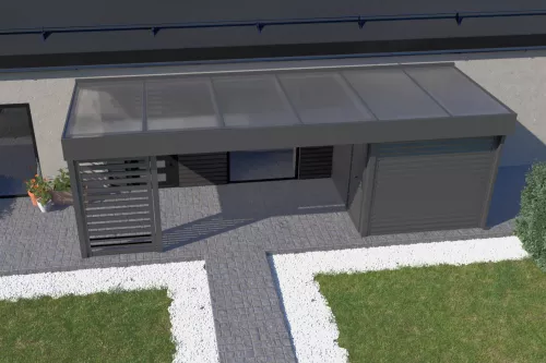 Eingangsüberdachung STUK mit Geräteraum und Wänden mit Polycarbonat-Stegplattendach