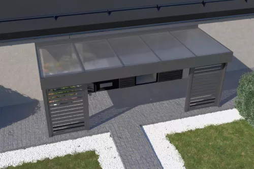 Eingangsüberdachung STUK mit Sichtschutz und Polycarbonat-Stegplattendach