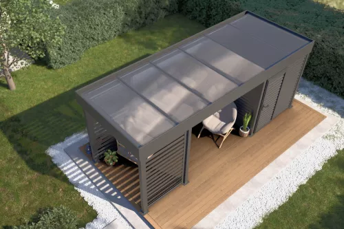 Pergola STUK mit Geräteraum und Wänden mit Polycarbonat-Stegplattendach