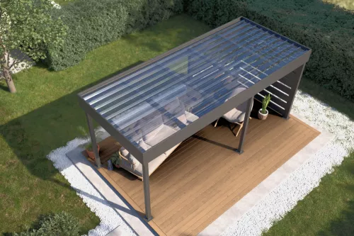 Pergola STUK mit Wandverkleidung und Polycarbonat-Trapezplattendach