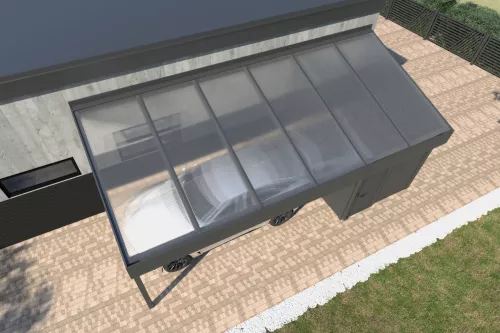 Pultdachcarport STUK mit Geräteraum und Polycarbonat-Stegplattendach