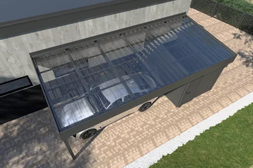 Pultdachcarport STUK mit Geräteraum und Polycarbonat-Trapezplattendach