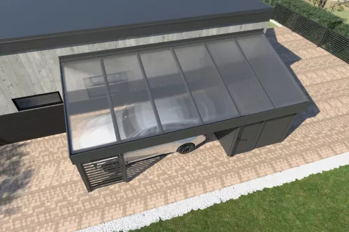 Pultdachcarport STUK mit Geräteraum und Wänden mit Polycarbonat-Stegplattendach
