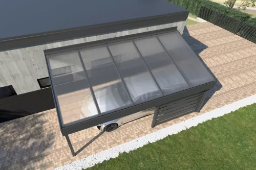 Pultdachcarport STUK mit Wandverkleidung und Polycarbonat-Stegplattendach