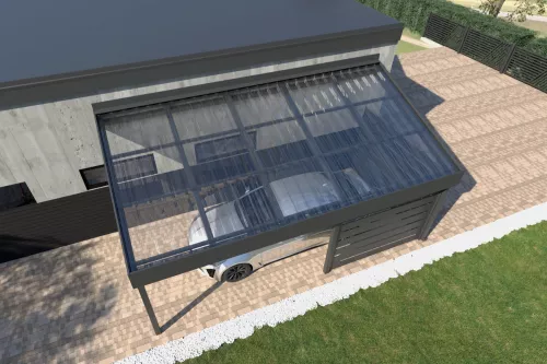 Pultdachcarport STUK mit Wandverkleidung und Polycarbonat-Trapezplattendach