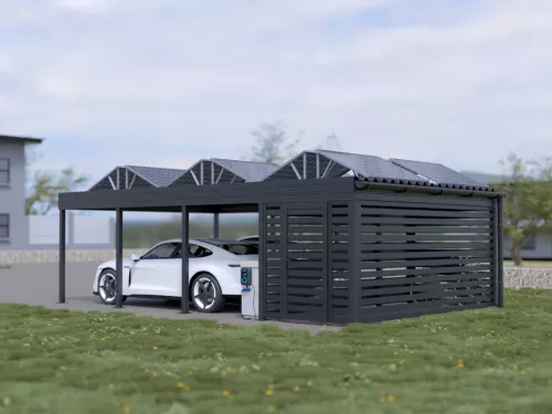 PV Carport STUK mit Abstellraum Fahrräder