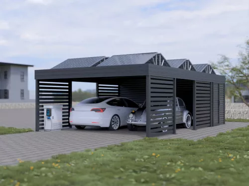 PV Carport STUK mit Abstellraum und Wänden