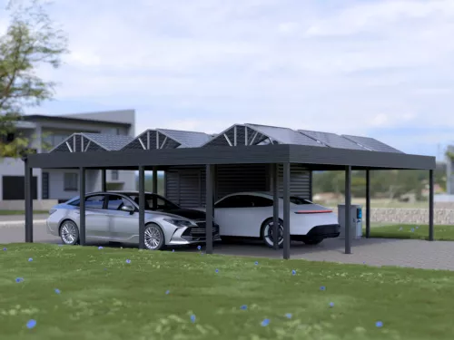 PV Carport STUK mit Geräteschuppen