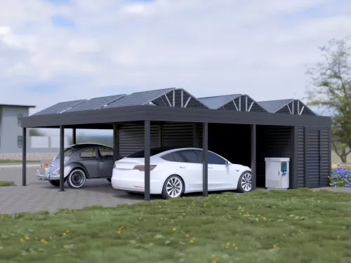 PV Carport STUK mit Schuppen