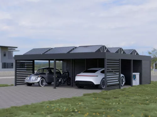 PV Carport STUK mit Abstellraum und Wänden