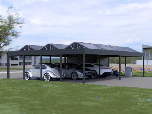 PV Carport STUK mit Geräteschuppen