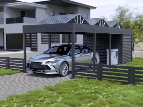 PV Carport STUK mit Geräteschuppen