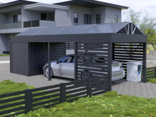PV Carport STUK mit Abstellraum und Wänden