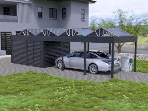 PV Carport STUK mit Schuppen