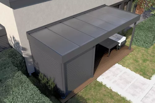 Terrassenüberdachung STUK mit Geräteraum und Polycarbonat-Stegplattendach