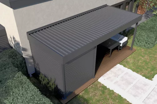 Terrassenüberdachung STUK mit Geräteraum und festem Dach