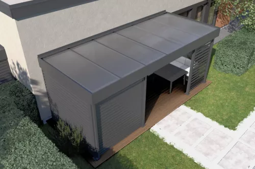 Terrassenüberdachung STUK mit Geräteraum und Wänden mit Polycarbonat-Stegplattendach