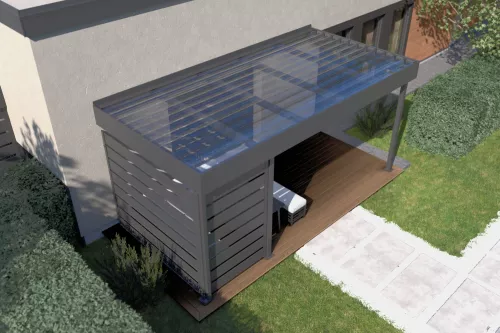 Terrassenüberdachung STUK mit Wandverkleidung und Polycarbonat-Trapezplattendach